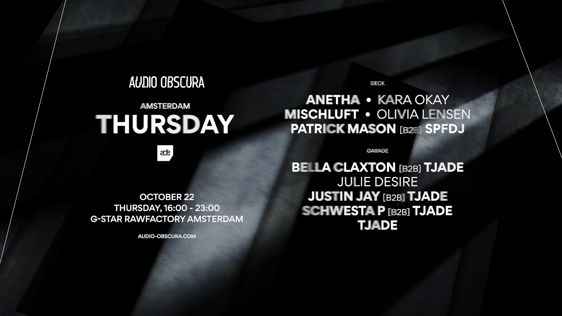 Audio Obscura ADE with Patrick Mason [B2B] SPFDJ & More poster, RAWFACTORY, Amsterdam