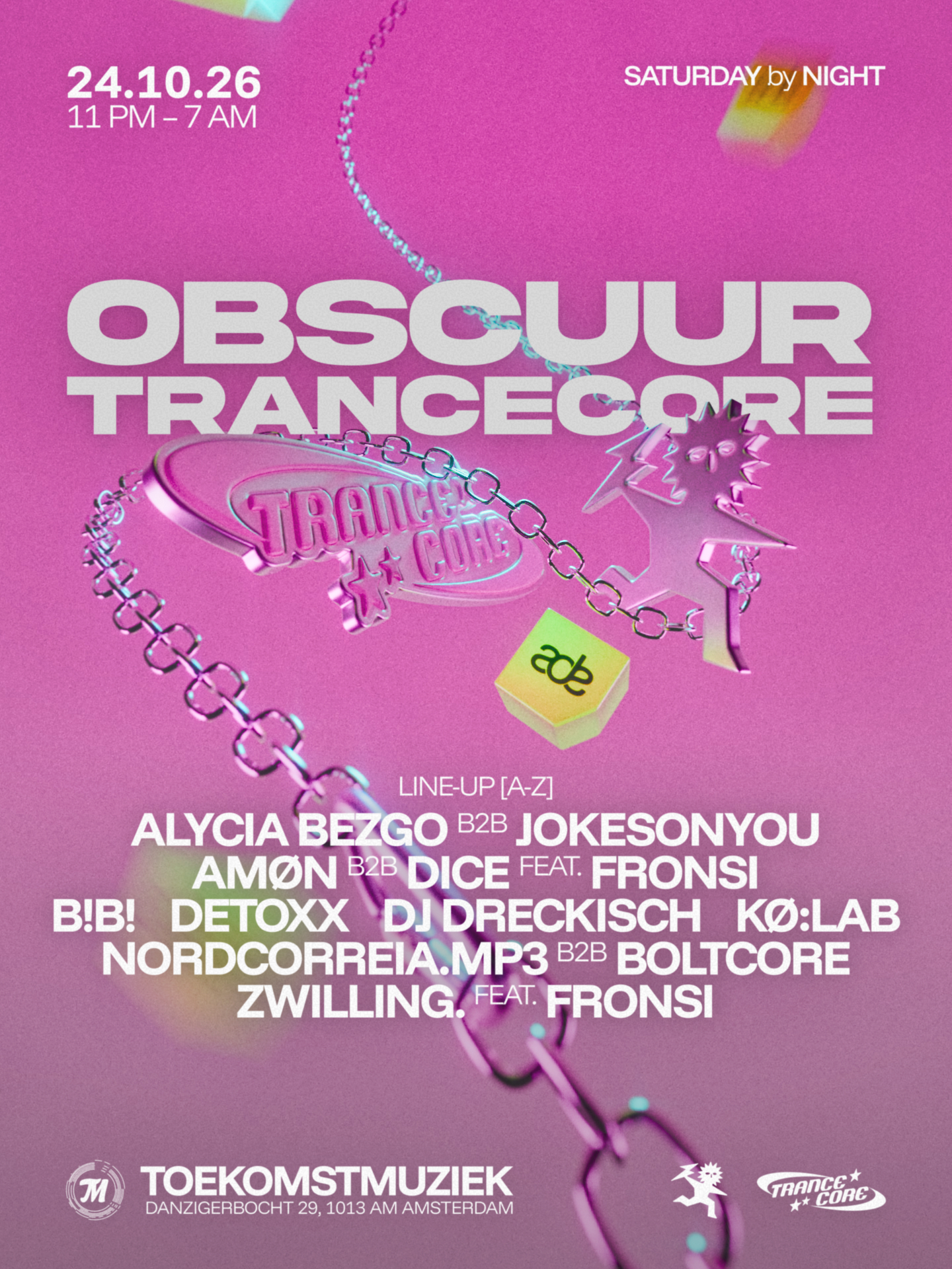 OBSCUUR x Trancecore ADE with zwilling., DJ DRECKISCH, Alycia Bezgo, Kø:lab, JOKESONYOU, DICE poster, Toekomstmuziek, Amsterdam