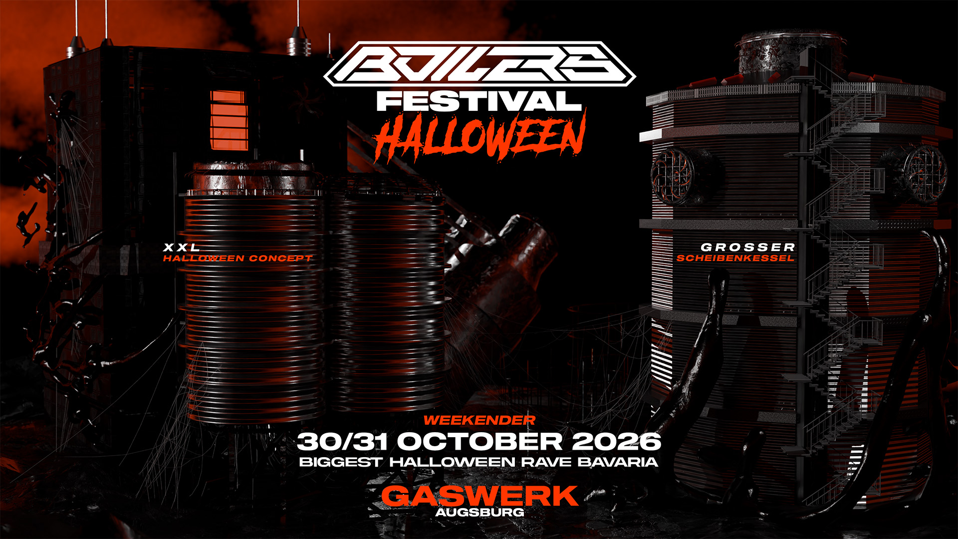 BOILERS HALLOWEEN FESTIVAL with DGB, Tief und Ton, DJ Achim Feuervogel, WILDERÍCH poster, Gaswerk Augsburg