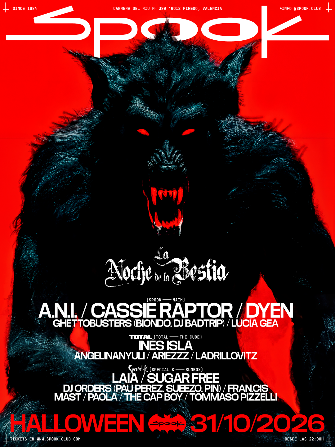 Halloween: Cassie Raptor + DYEN + A.N.I. & Total with ines isla & Special-k with Laia + Sugar Free poster, Spook Club, Valencia